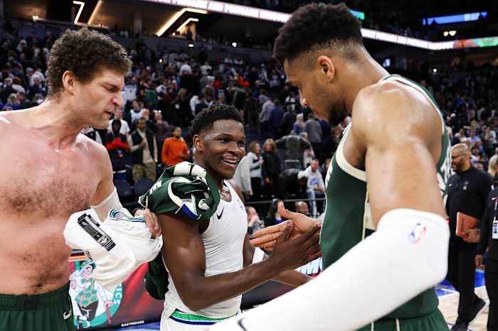 February 23, 2024; Minnesota Timberwolves guard Anthony Edwards and Milwaukee Bucks forward Giannis Antetokounmpo